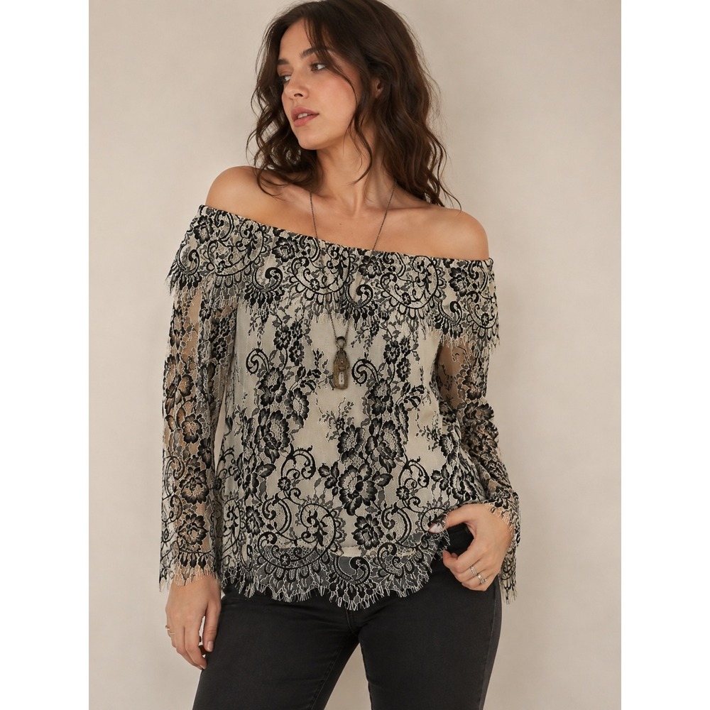 White House Black Market Romantic Whimsigoth Lace Off-Shoulder Top Medium